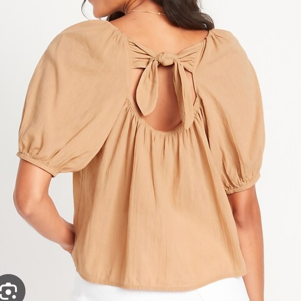 Open Back Tie Blouse | Puff Sleeve Boho Top | Tan / Camel | Size XS